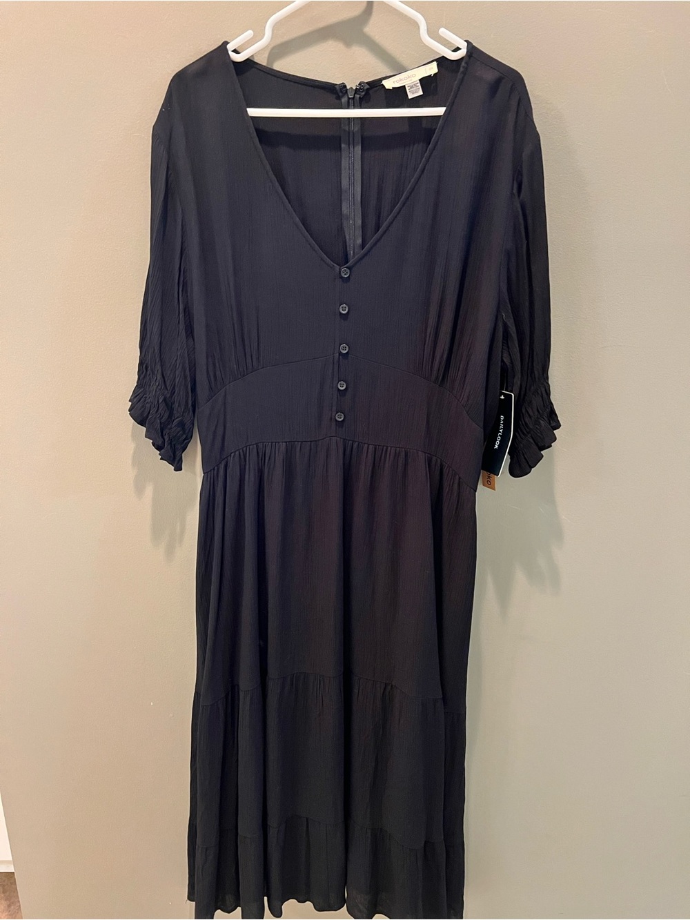 Women's Black V-Neck Button Midi Dress